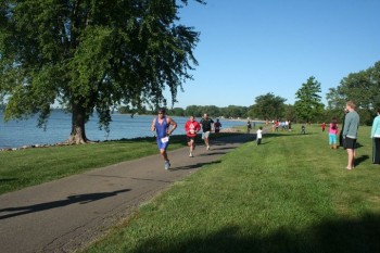 Runners finish the course along Lewis & Clark Lake.