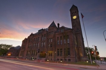 Sioux Falls' Old Courthouse Museum at dusk.