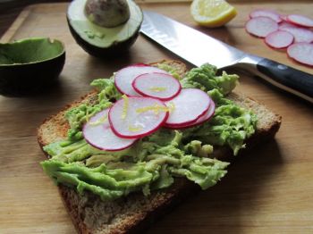 Fran Hill's avocado toast topped with radish salad combines foods grown locally with those purchased at the grocery store.