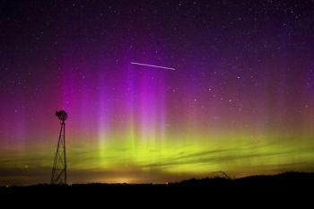 The straight, bright line in the sky was caused by the International Space Station.
