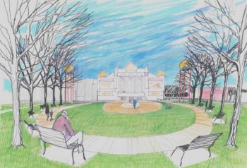 An artist's rendering shows a park across the street from Mitchell's Corn Palace.