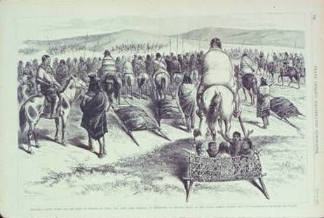 An artist s drawing of Crazy Horse and his Lakota people as they traveled to the reservation in 1877.