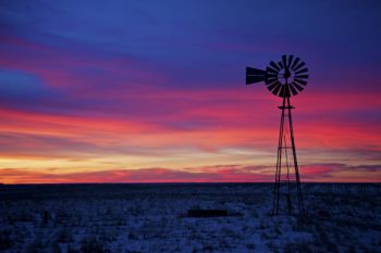 Pre-sunrise colors and a lone windmill on a chilly morning in Dewey County.