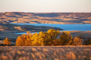 First light on an autumn scene featuring Lake Oahe and the Missouri River hills in Campbell County.