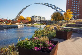 The Arc of Dreams with autumn accents in downtown Sioux Falls.