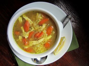 A slightly thickened soup with shredded chicken and spicy flavor. Photo by Fran Hill.