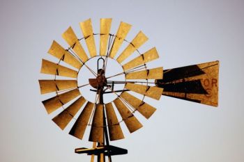 A close-up of a Bon Homme County prairie windmill.