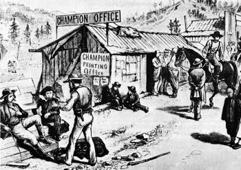 When Charlie Collins started the Black Hills Champion in Central City in 1877, this illustration of the colorful character was published in the noted Frank Leslie's Illustrated Weekly. Collins is the bald fellow, with arms folded, near the doorway.