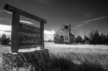 Dowling Community Church at a country crossroads in Haakon County.