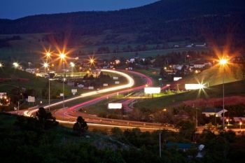 A modern-day view of the racetrack as traffic from I-90 races along the outskirts of Sturgis.