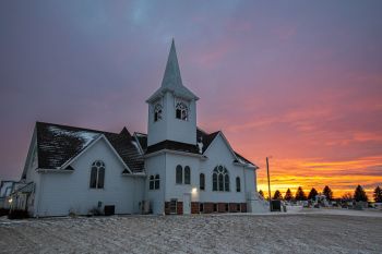 Winter sunset beyond West Nidaros Lutheran in rural Minnehaha County.