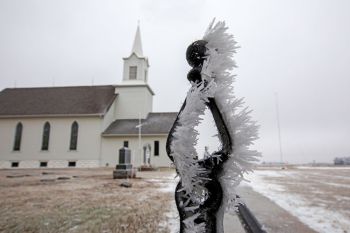 Rime ice on the wrought iron fence of Willow Creek Lutheran near Dell Rapids.