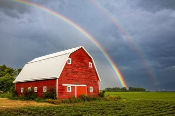 Rainbow and red barn, Brookings County.