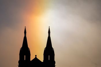 Close up of a sundog rainbow over St. Joseph’s Cathedral in Sioux Falls.