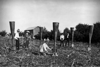 Some farmers were willing to try anything to break out of severe drought, including a system of funnels designed by William F. Wright. Smoke particles blown into the atmosphere through the funnels were said to produce rain.