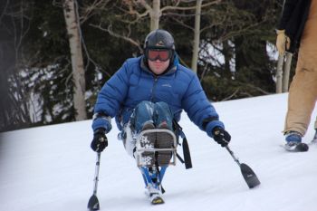 Eric Vetter, Aberdeen, downhill skis on special adaptive equipment at Black Hills Ski for Light 2013.